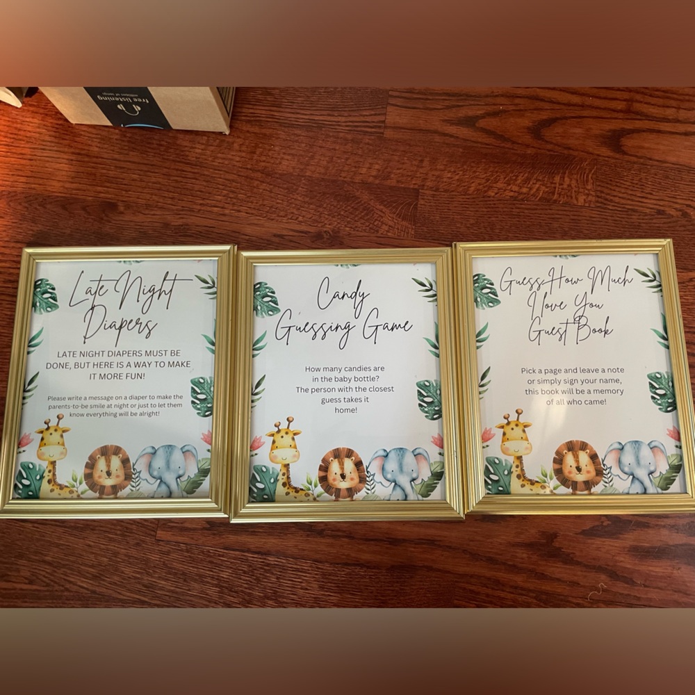 Safari themed baby shower activities posters with frames